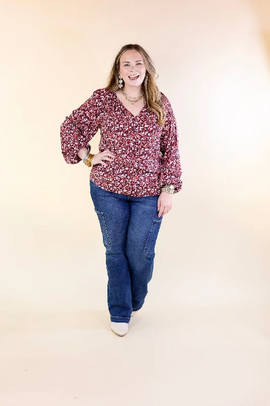 Wide Open Spaces Notched Neck Fall Floral Top with Long Balloon Sleeves in Maroon