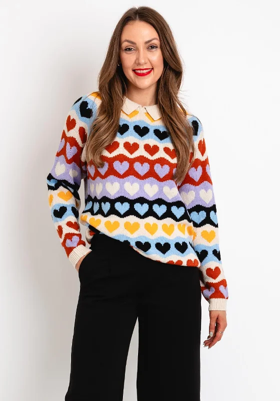 ICHI Heart Print Collared Knit Jumper, Multi