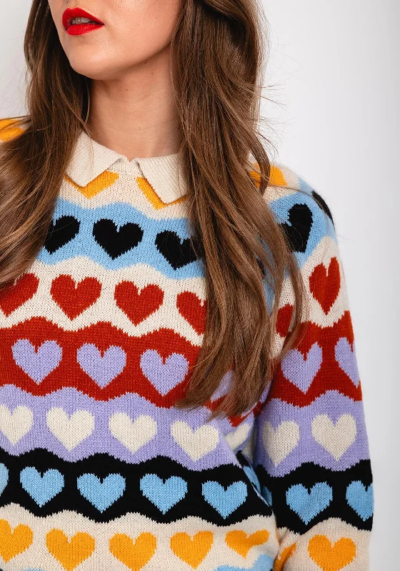 ICHI Heart Print Collared Knit Jumper, Multi