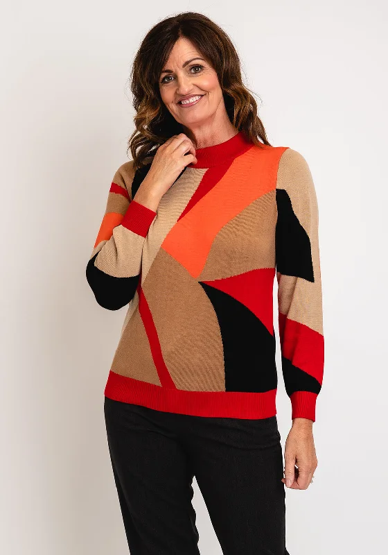 Micha Block Pattern Knit Sweater, Red Multi