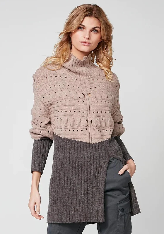 NU Denmark Rokka High Neck Long Knit Sweater, Dark Grey & Beige