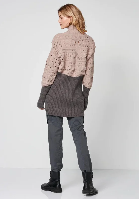 NU Denmark Rokka High Neck Long Knit Sweater, Dark Grey & Beige