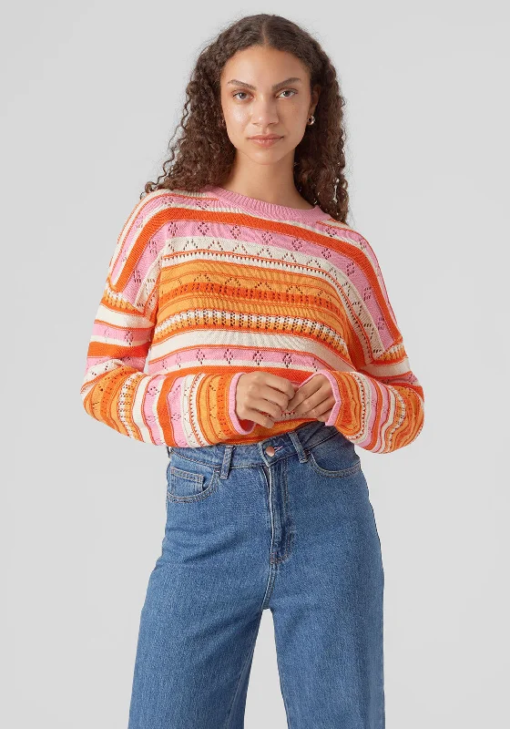 Vero Moda Sena Cut-Out Print Fine Knit Jumpers, Pink & Orange