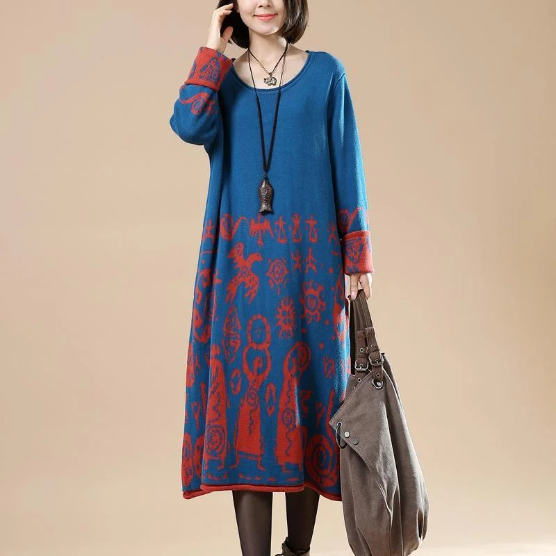 Royal blue sweaters long knit dresses plus size winter dress secret paper cut