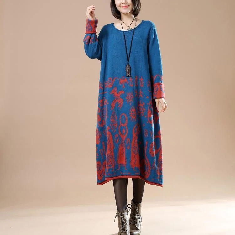 Royal blue sweaters long knit dresses plus size winter dress secret paper cut