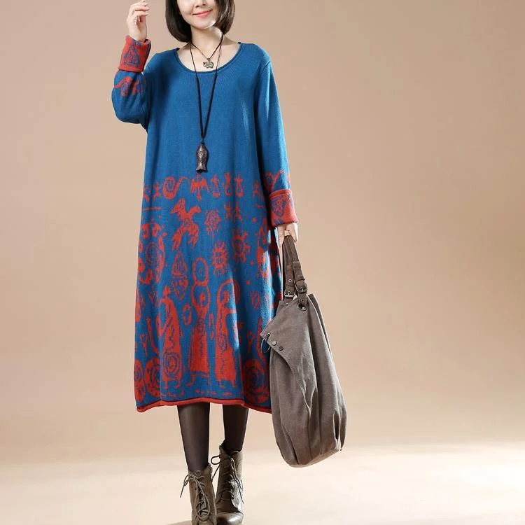 Royal blue sweaters long knit dresses plus size winter dress secret paper cut