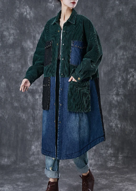 Art Blackish Green Rivet Patchwork Corduroy Fine Cotton Filled Coat Winter