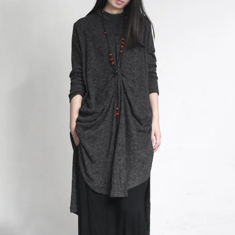 Fall Dark Gray Asymmetric Wrinkled Knit Dresses Plus Size Casual Sweater Dress