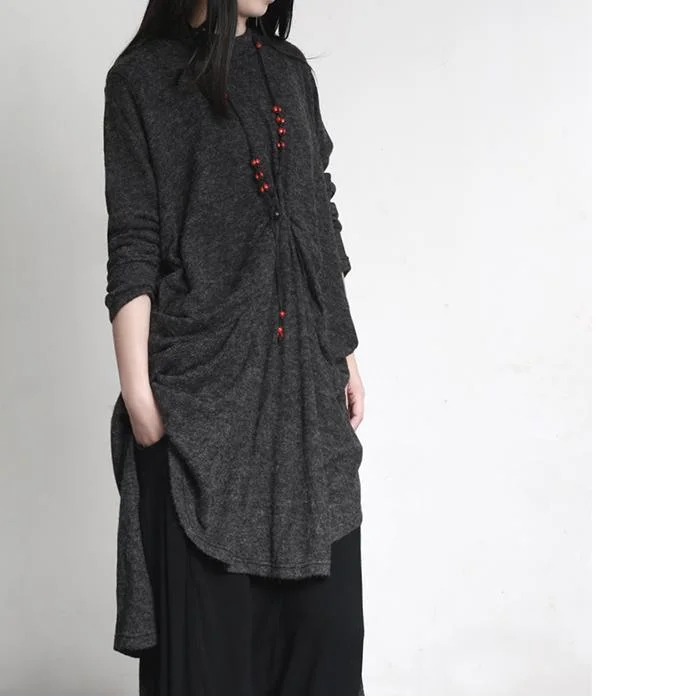 Fall Dark Gray Asymmetric Wrinkled Knit Dresses Plus Size Casual Sweater Dress