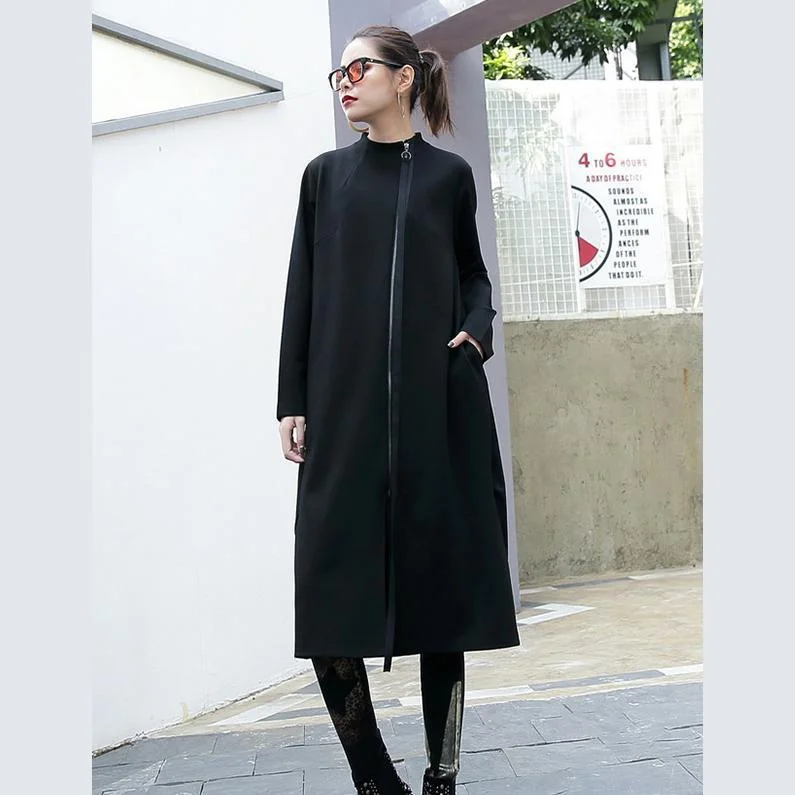 black cotton Coats plus size stand collar long coat Elegant zippered Coat