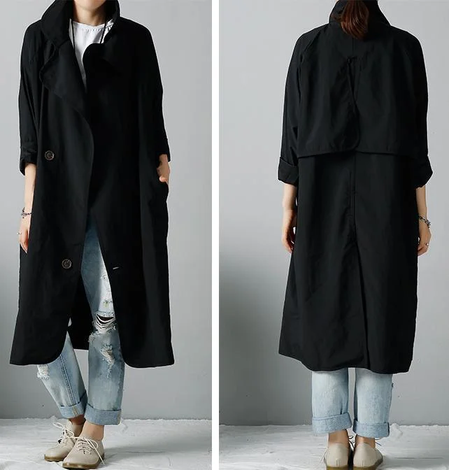 Black wind-breaker oversized dust coats trench