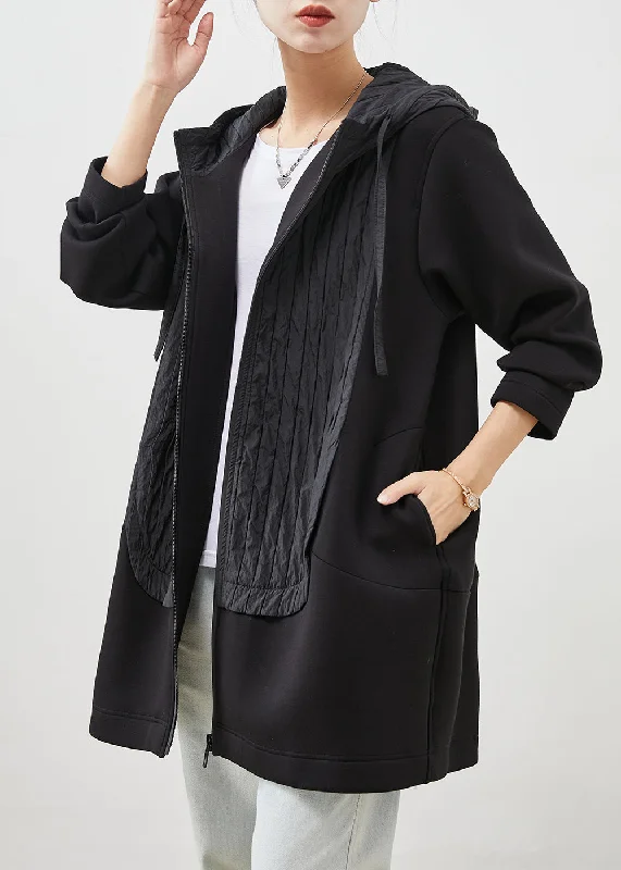 Chic Black Hooded Patchwork Cotton Coat Outwear Spring