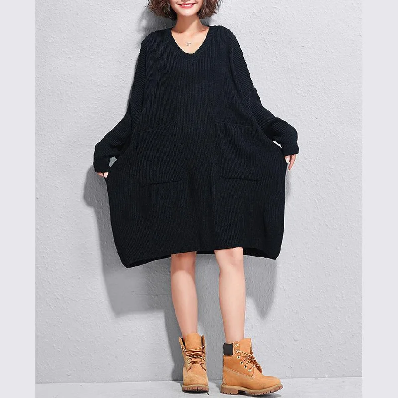 Christmas big pockets Sweater dresses DIY black v neck Art knitwear autumn