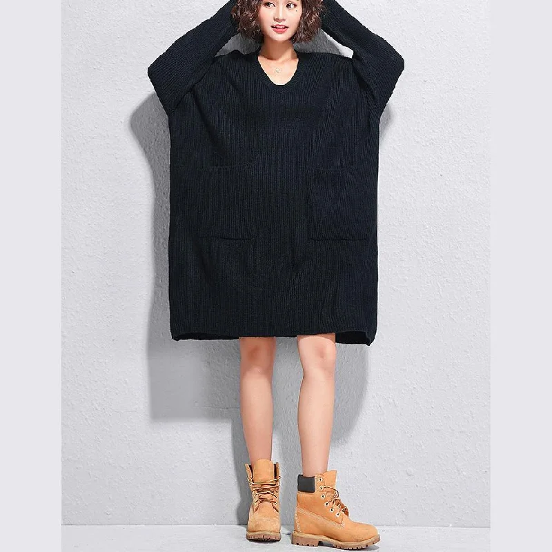 Christmas big pockets Sweater dresses DIY black v neck Art knitwear autumn