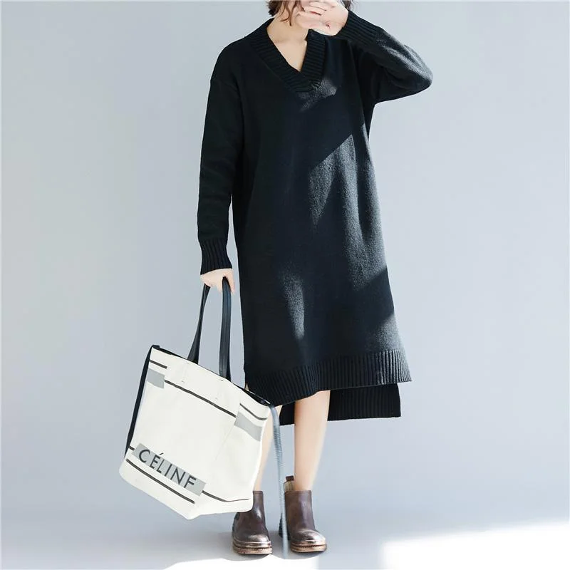 Chunky black Sweater dresses Beautiful daily v neck knitted dress