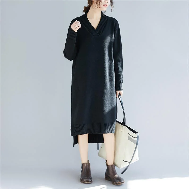 Chunky black Sweater dresses Beautiful daily v neck knitted dress