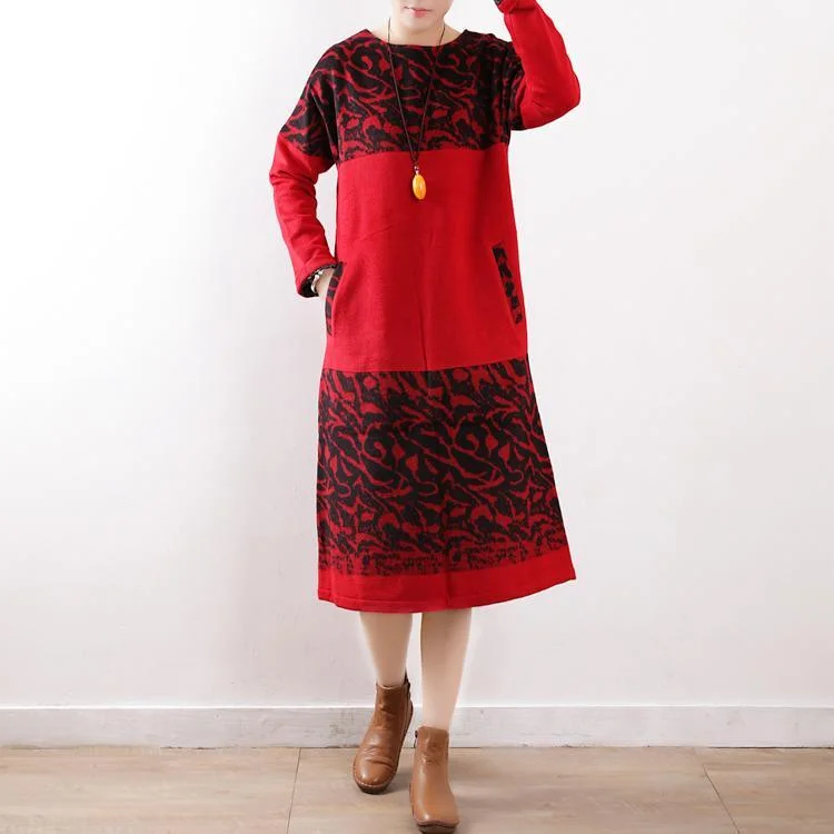 chunky red print knit dress oversize o neck winter dress pockets sweater dresses