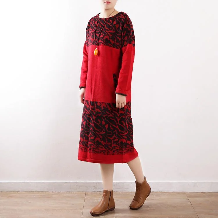 chunky red print knit dress oversize o neck winter dress pockets sweater dresses