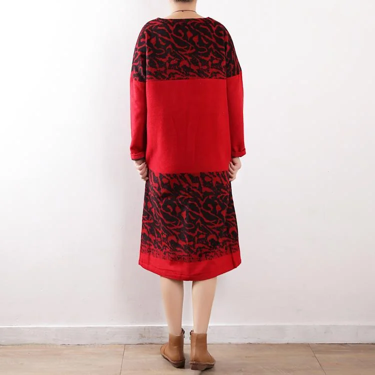 chunky red print knit dress oversize o neck winter dress pockets sweater dresses