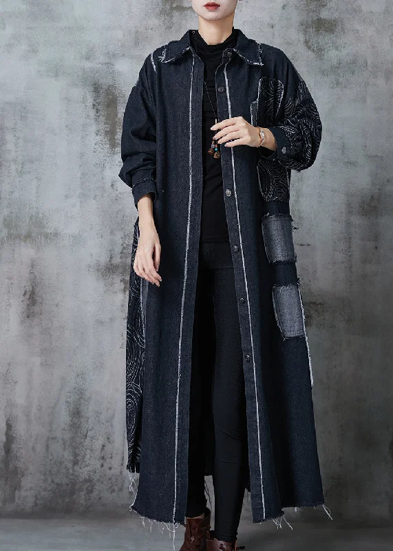 Classy Black Oversized Patchwork Applique Denim Coat Spring