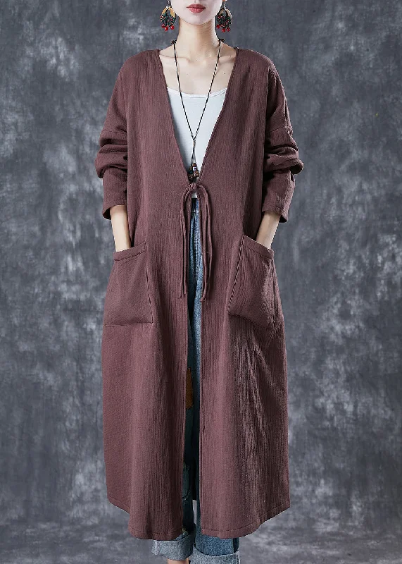 Classy Chocolate Oversized Chinese Button Linen Long Cardigan Spring