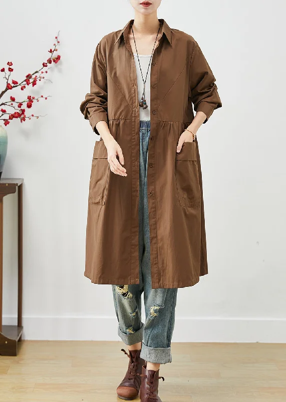 Coffee Patchwork Cotton Shirt Dress Oversized Pockets Spring