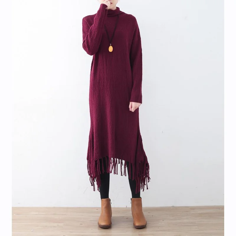 cozy burgundy spring dresses plus size high neck spring dresses pockets Tassel sweater dresses