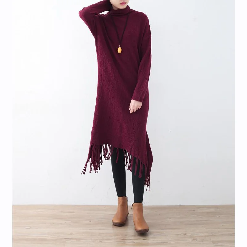 cozy burgundy spring dresses plus size high neck spring dresses pockets Tassel sweater dresses