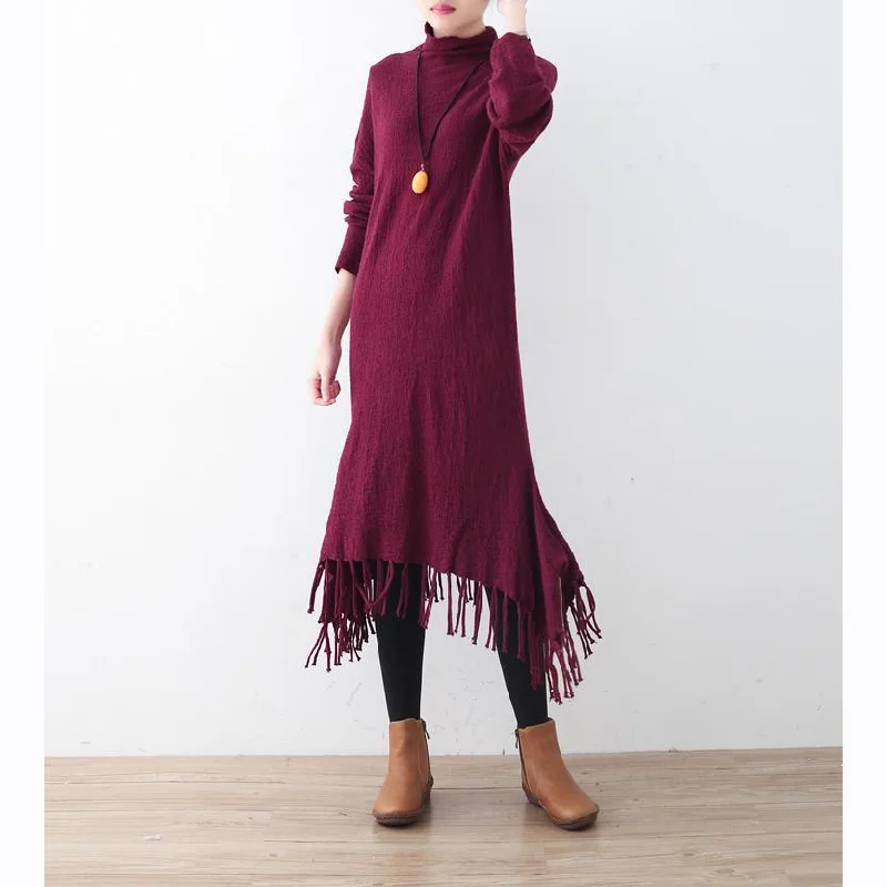 cozy burgundy spring dresses plus size high neck spring dresses pockets Tassel sweater dresses