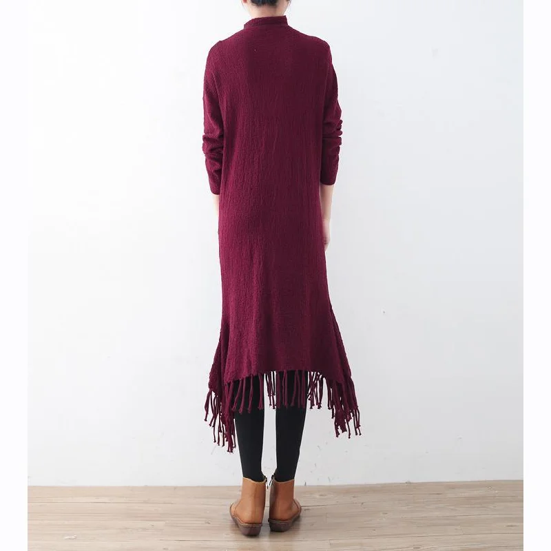 cozy burgundy spring dresses plus size high neck spring dresses pockets Tassel sweater dresses