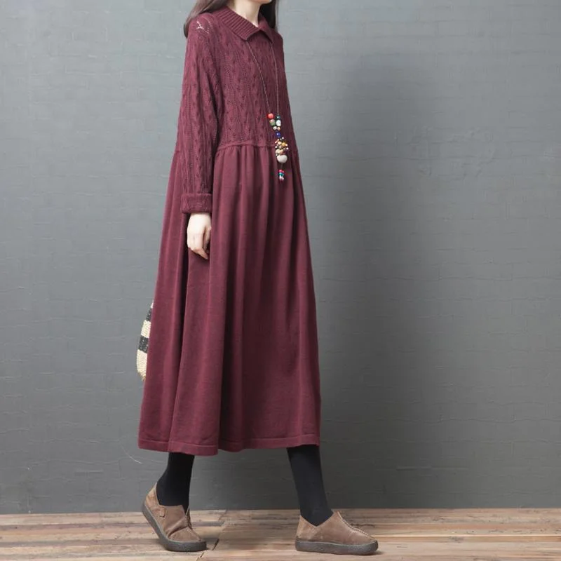 Cozy lapel wrinkled Sweater dress outfit Beautiful burgundy Hipster sweater dresses