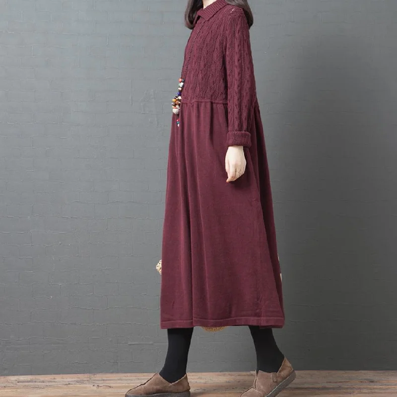 Cozy lapel wrinkled Sweater dress outfit Beautiful burgundy Hipster sweater dresses