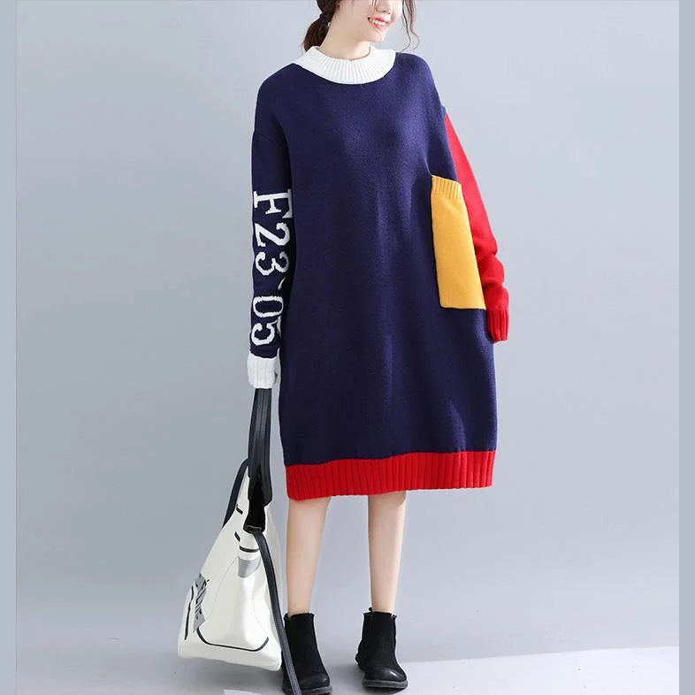 Cute blue o neck Sweater weather Vintage patchwork  Tejidos knit dress autumn