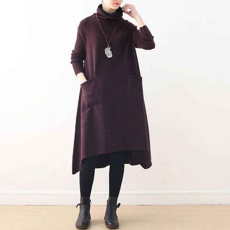 Cute burgundy Sweater dress outfit Moda Ugly spring high neck asymmetric knit top