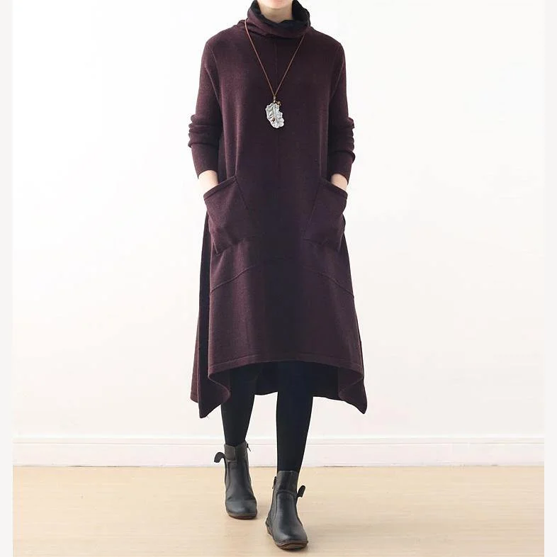 Cute burgundy Sweater dress outfit Moda Ugly spring high neck asymmetric knit top