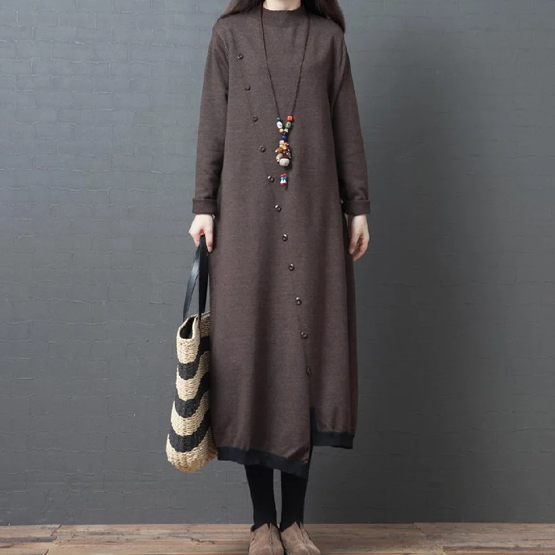 Cute chocolate Sweater dresses high neck asymmetric daily knitted dress