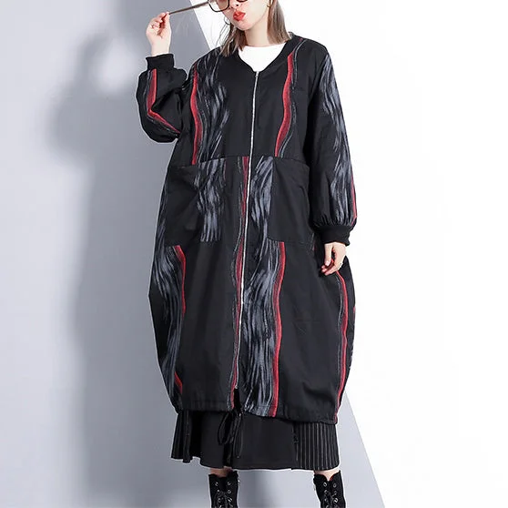 Fashion black print coat oversized stand collar cardigans Elegant Cinched baggy coats