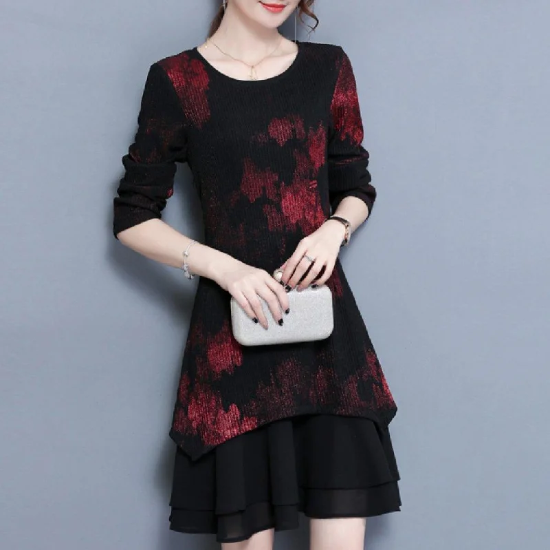 fashion cute red prints knit dresses plus size patchwork chiffon dress