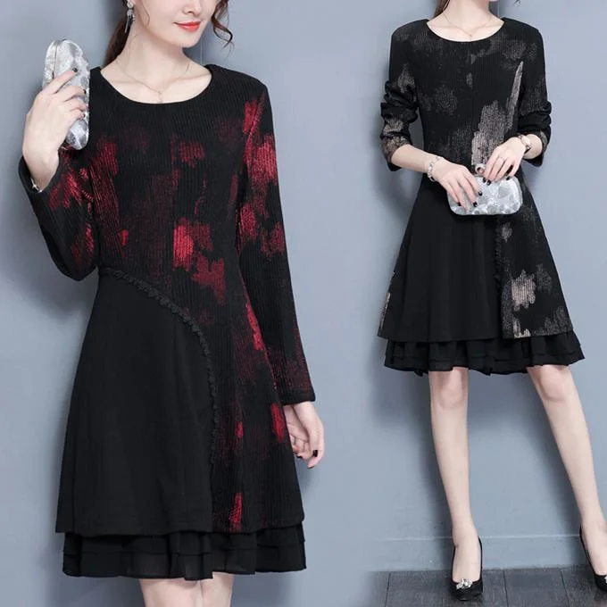 fashion cute red prints knit dresses plus size patchwork chiffon dress