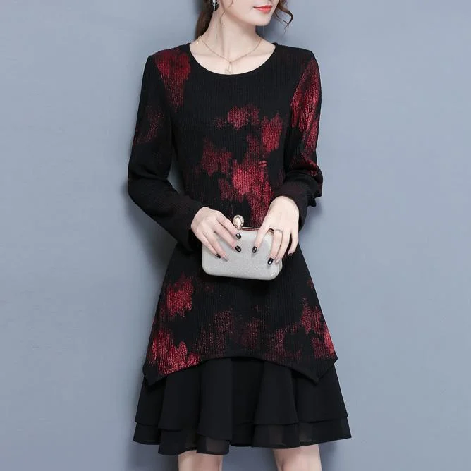 fashion cute red prints knit dresses plus size patchwork chiffon dress