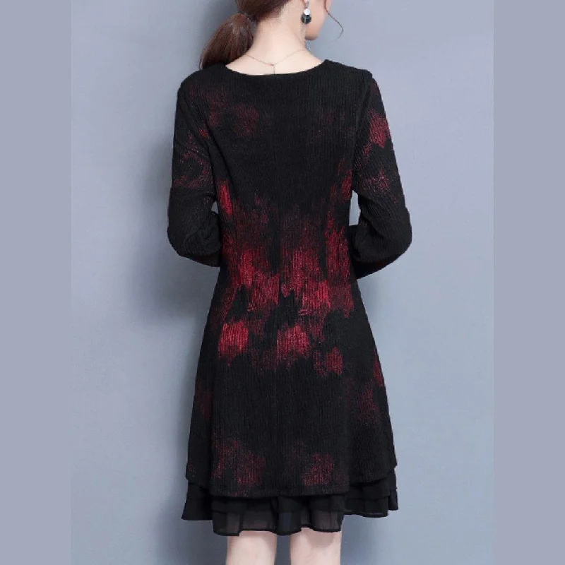 fashion cute red prints knit dresses plus size patchwork chiffon dress