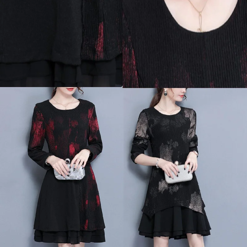 fashion cute red prints knit dresses plus size patchwork chiffon dress