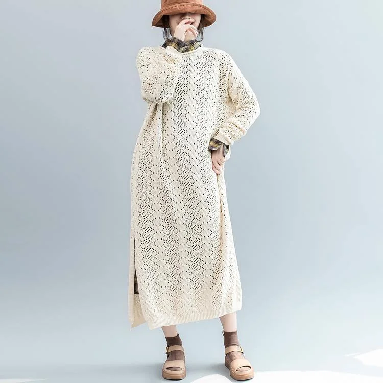 Fine Beige Sweater Dresses Plus Size O Neck Winter Dresses New Side Open Spring Dress