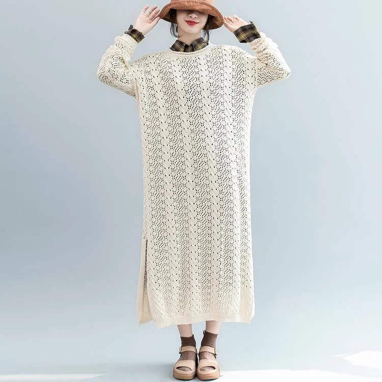 Fine Beige Sweater Dresses Plus Size O Neck Winter Dresses New Side Open Spring Dress