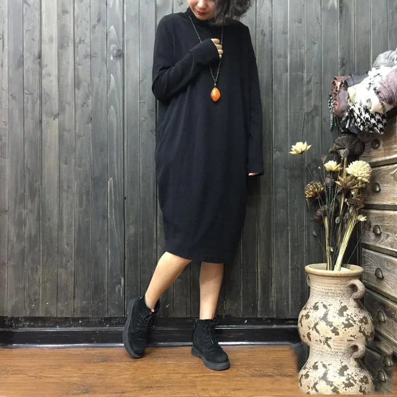 Fine black knit dresses oversize loose waist sweater New high neck winter dress