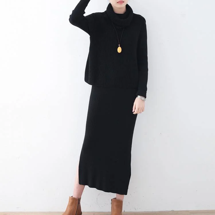 Fine black  plus size clothing slim sweater dress with sleeveless high neck sweater two pieces