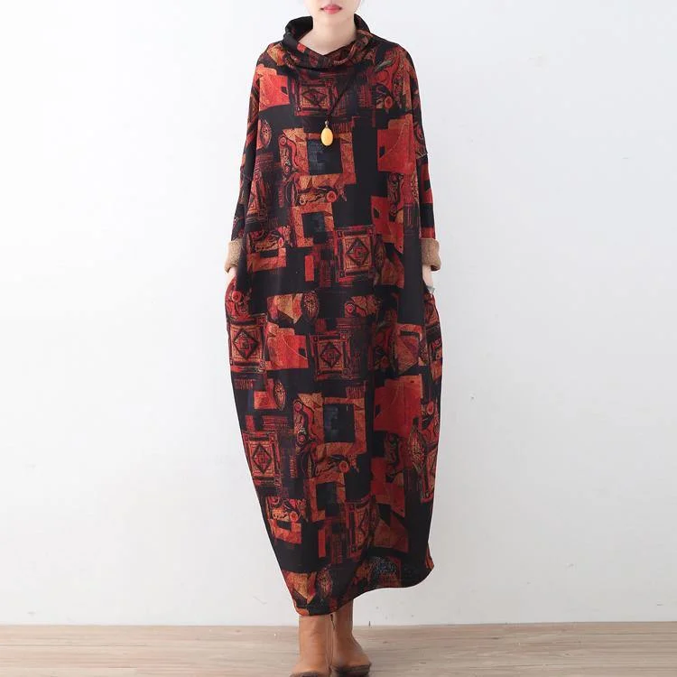 Fine black red prints sweater dress oversize high neck fall dresses vintage maxi knit dresses