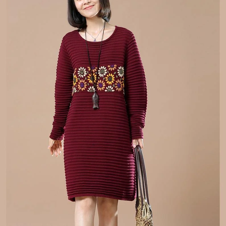 Fine burgundy joyful sunflower knit dresses oversize spring dresses top quality spring dresses long sweaters