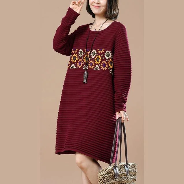 Fine burgundy joyful sunflower knit dresses oversize spring dresses top quality spring dresses long sweaters