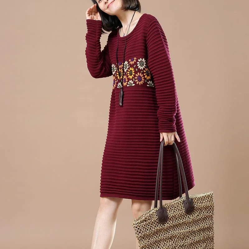 Fine burgundy joyful sunflower knit dresses oversize spring dresses top quality spring dresses long sweaters